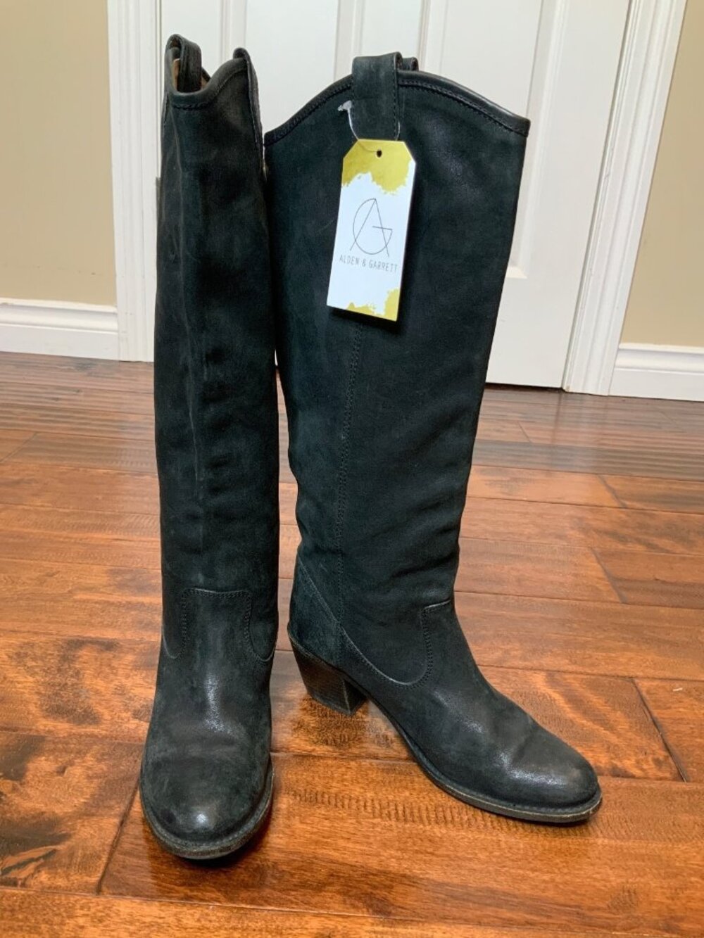Frye Black Leather Jackie Button Riding Boots W/ Block Heels, Size 6.5